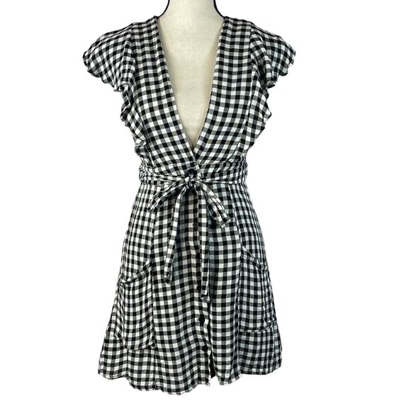 Lost + Wander Small Day Trip Dress Gingham Plunging V-Neck Ruffled Pockets Lined - Picture 1 of 10